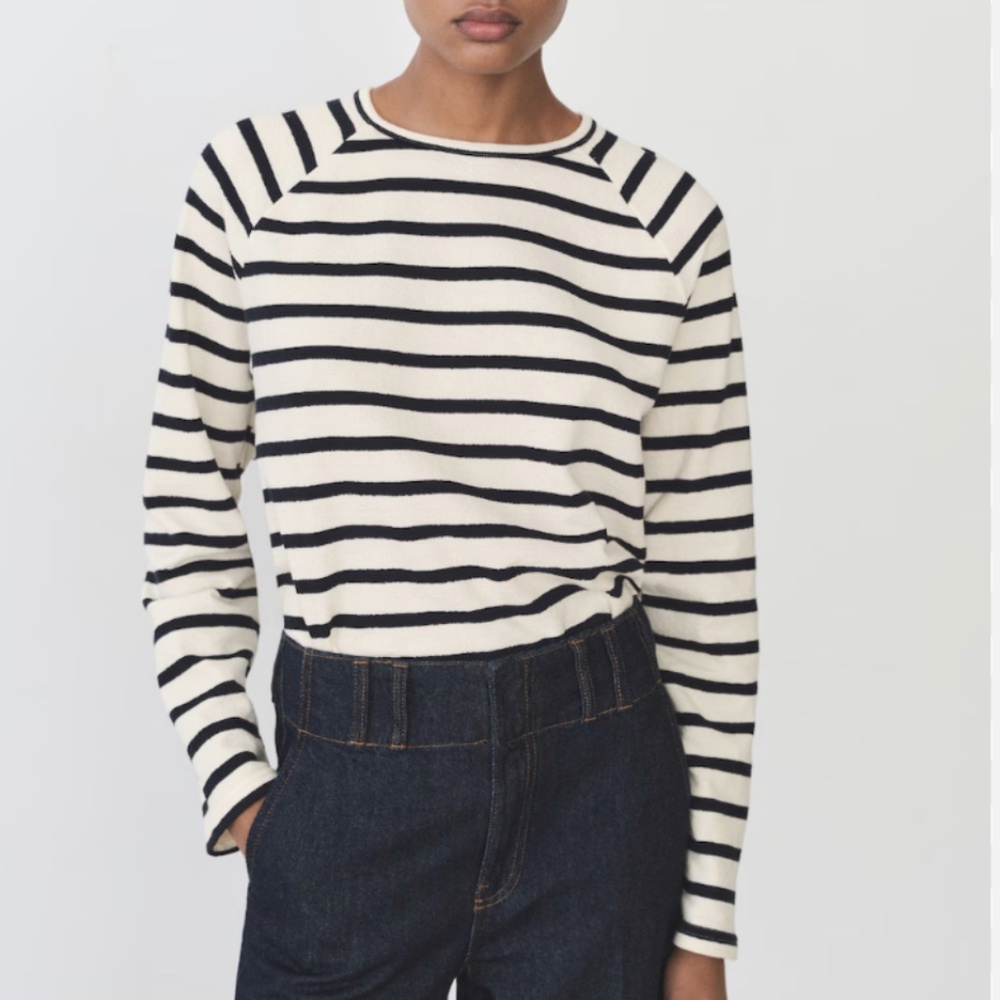 MANGO MNG 100% Cotton Black and Cream/White striped Long Sleeve T-shirt Sweater
